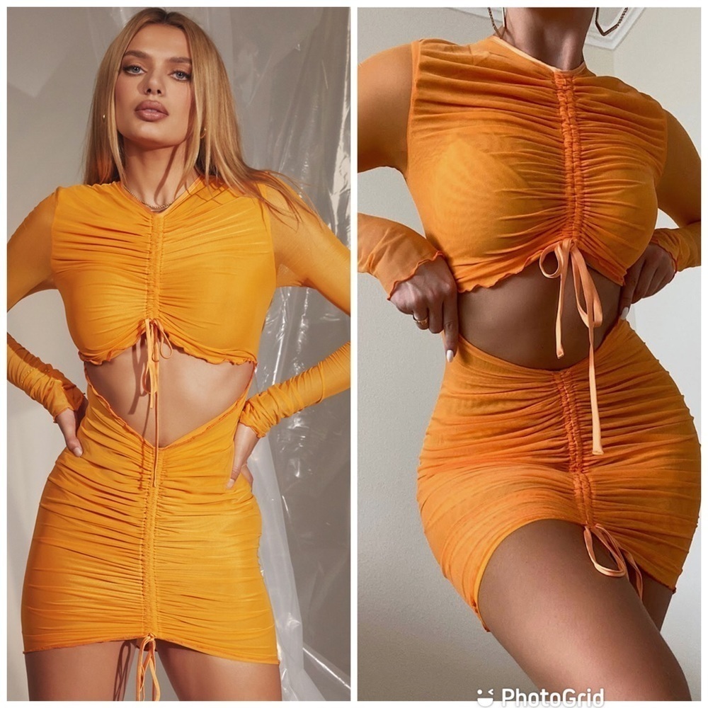 House Of CB 'Jeanelle' Orange Ruched Mesh Long Sleeve Cutout Mini Dress